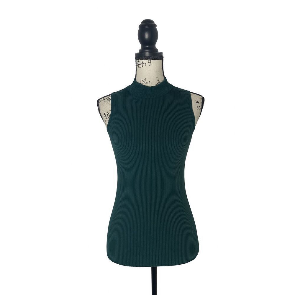 OMI Dark Green Ribbed Knit Sleeveless Top | Size S | High Neck Minimalist Tank
